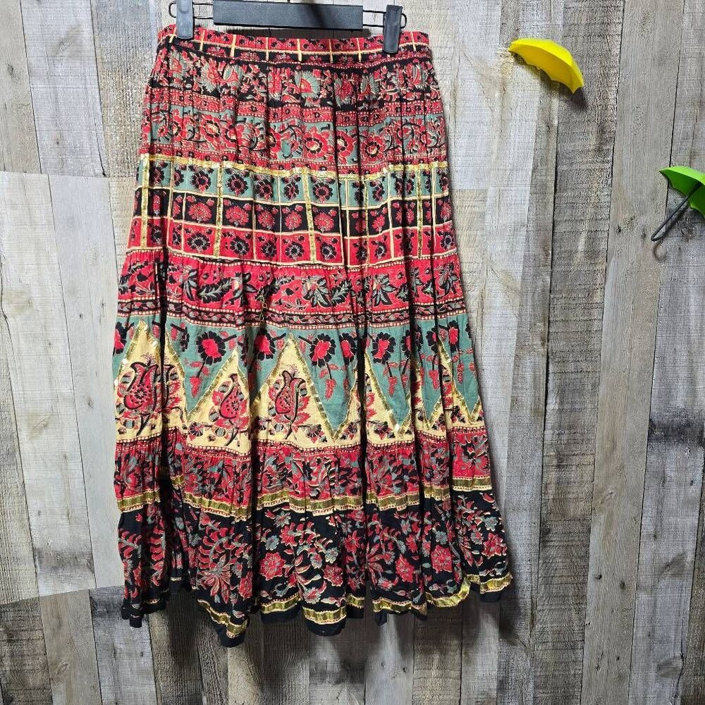 Zashi Vintage Red Black Gold Floral Maxi Skirt Small Boho Festival Hippie Gypsy
